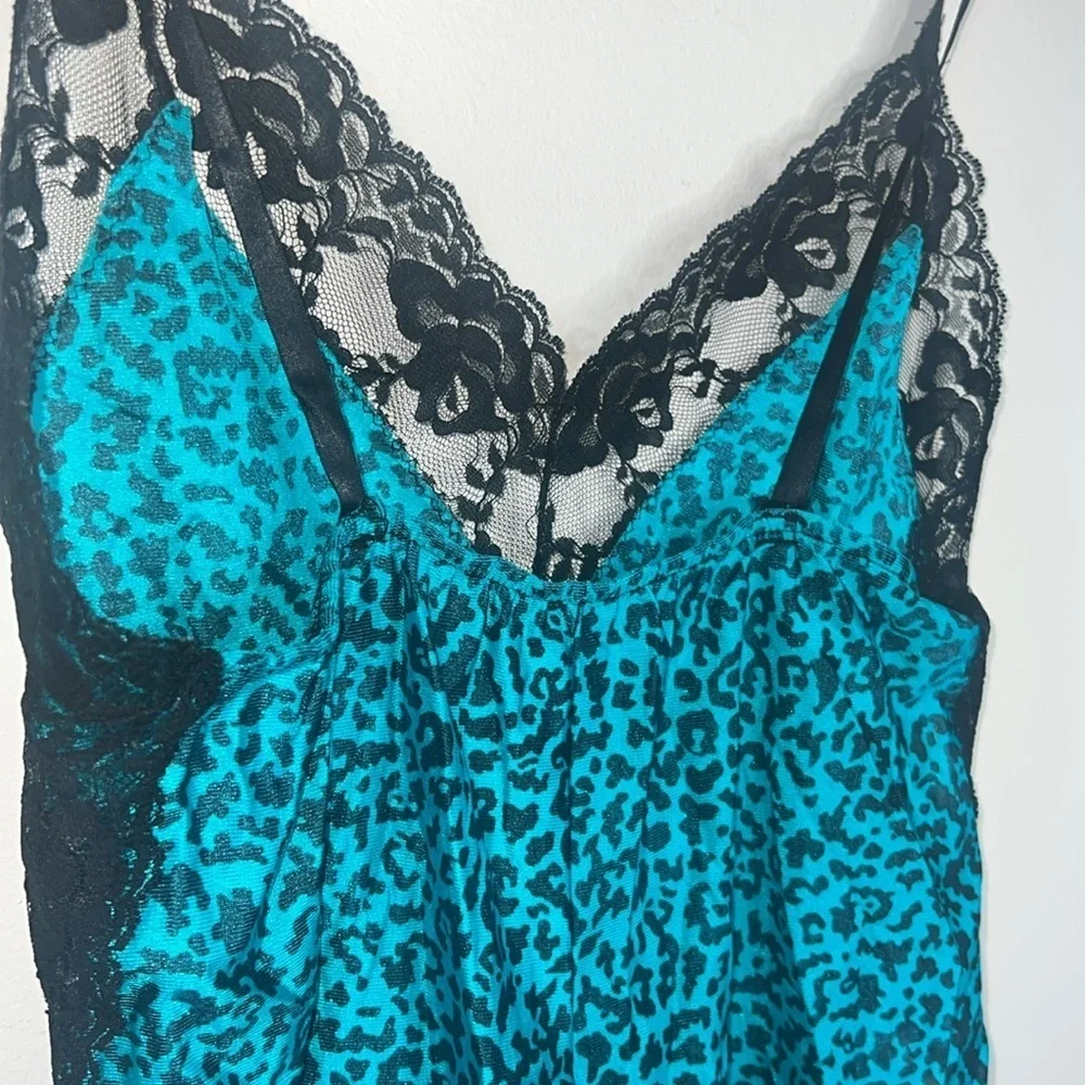 Vintage 80’s California Dynasty Teal and Black Animal Print Lace Lingerie Small